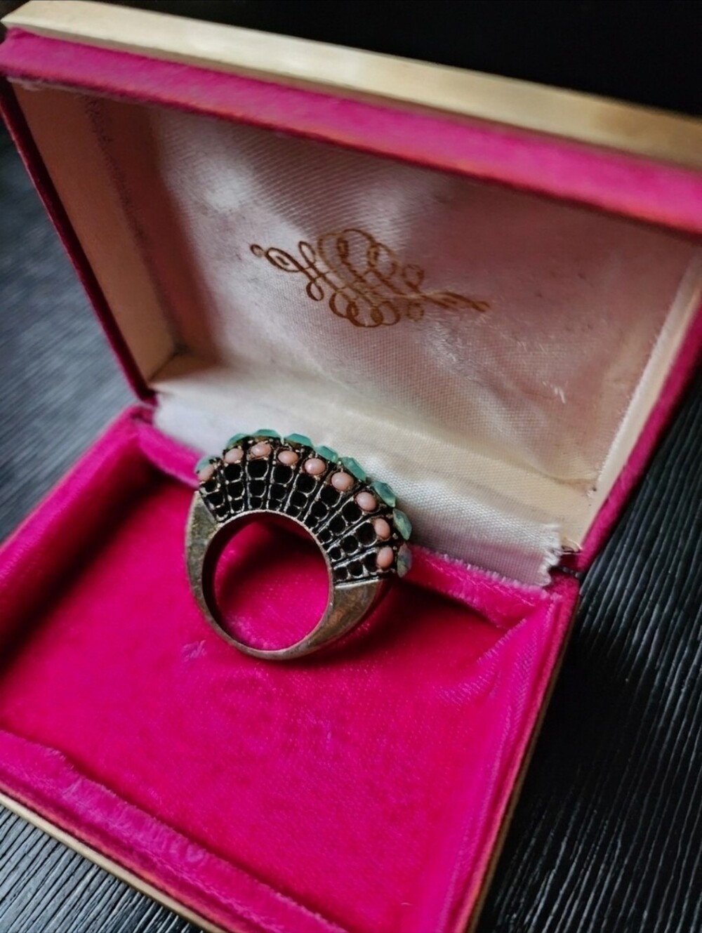 Vintage Mid-Century Mint Green & Pink Coral Domed Saddle Cocktail Ring